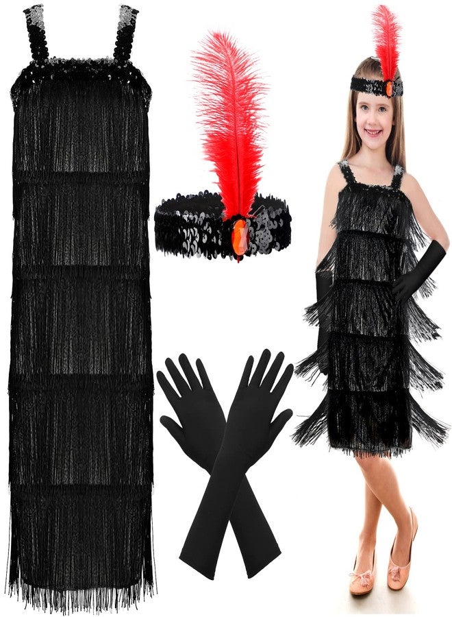 Seematn 4 Pieces Girl's 20s Flapper Dresses Costume Set Feather Headband Fringed Dresses Gloves for Halloween Party(One Size,Black) - Image 1